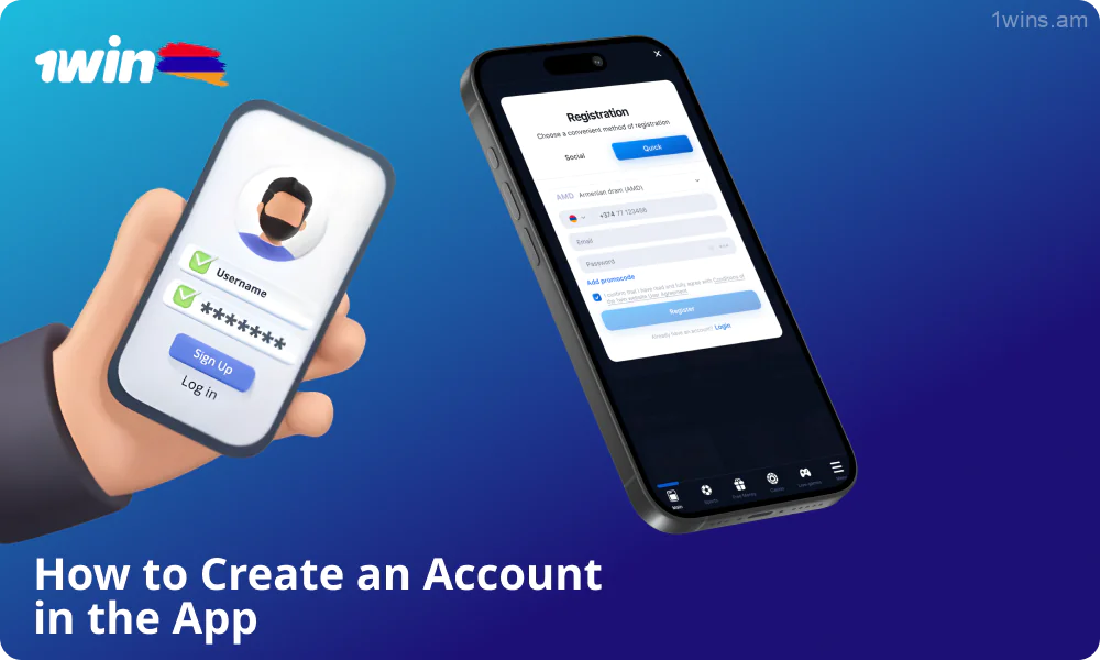 To create an account through the 1win app, download and install it, then register by choosing a registration method and filling out the form